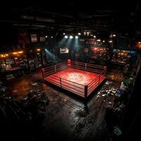 Footprints and chalk mark canvas of empty boxing ring. Gym equipment surrounds ring soft lighting creating warm inviting atmosphere for training photo