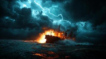 large cargo ship endures tumultuous waves in fierce storm dark clouds and striking lightning illuminating turbulent ocean photo