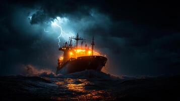 large cargo ship struggles against powerful waves during fierce storm illuminated flashing lightning and surrounded dark clouds. turbulent waters create dramatic atmosphere photo