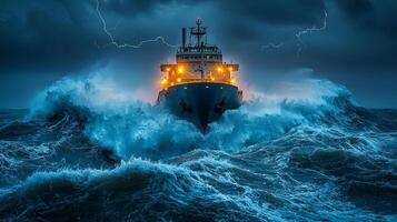 large cargo ship struggles against towering waves during fierce storm. Dark clouds hover overhead while sporadic lightning highlights chaos of turbulent ocean photo