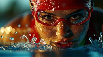 Latina swimmer prosthetic arm makes powerful dive into pool during competitive race. moment captures energy of splash bright lights photo