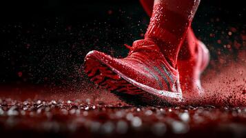 determined Middle Eastern runner running blade prosthetic speeds across finish line. energy of stadium is palpable as athlete showcases incredible skill and perseverance photo