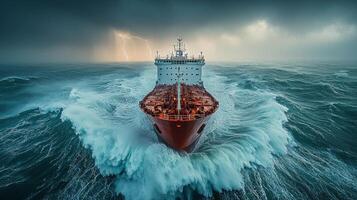 large cargo ship navigates fierce ocean waves amid violent storm dark clouds overhead and intermittent lightning striking turbulent waters all around photo