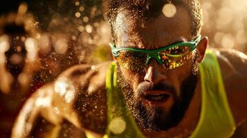 determined Middle Eastern athlete running blade prosthetic triumphantly crosses finish line as crowd erupts in celebration dramatic outdoor event photo