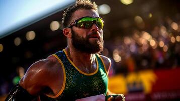 determined athlete races finish line running blade prosthetic aiding his speed. cheering crowd fills stadium as dramatic lighting highlights moment photo