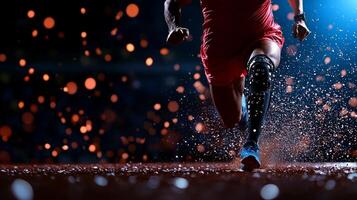 Middle Eastern runner powers through finish line showcasing running blade prosthetic amid vibrant stadium filled energy and excitement photo