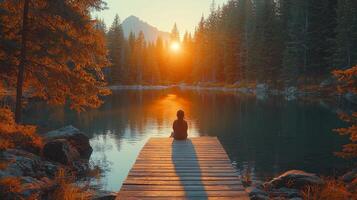 Native American child sits peacefully on wooden dock dipping their feet into serene lake. Warm golden hour light illuminates scene while pine trees frame background photo