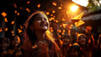 South Asian girl holds paper airplane and smiles happily in schoolyard. Friends cheer in background basking in warm afternoon sun photo