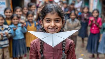 South Asian girl laughs as she flies paper airplane in schoolyard. Her friends cheer excitedly in background enjoying bright afternoon filled fun and friendship photo
