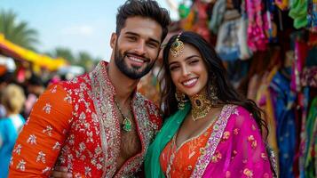 young couple in traditional attire poses joyfully lively street market during midday. Colorful stalls filled fabrics create beautiful backdrop enhancing their love and cultural richness photo
