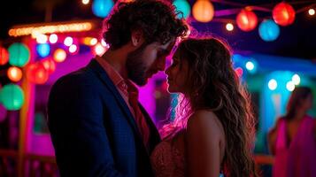 young Hispanic couple enjoys romantic dance colorful string lights on rooftop. vibrant city skyline creates beautiful backdrop in nighttime setting photo