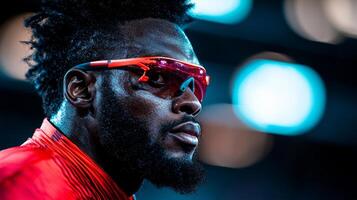 African American sprinter executes his race determination while using running blade prosthetic. Bright stadium lights enhance dramatic atmosphere of competition photo