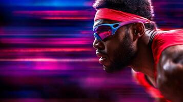 Mid race African American sprinter running blade prosthetic focuses intently while sprinting. Motion blur captures his speed against vibrant stadium lights photo