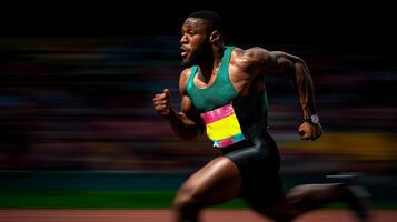 African American sprinter competes fiercely on professional track showcasing his carbon fiber running blade prosthetic while displaying remarkable speed and focus during race photo