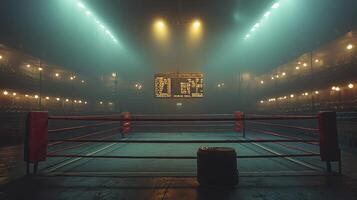 empty boxing ring awaits action bright stadium lights. large scoreboard glows softly as empty seats line background creating sleek modern atmosphere photo