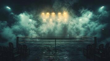 wide shot of empty boxing ring surrounded thick fog from smoke machine. ring is illuminated spotlight while scattered chairs create gritty atmosphere photo