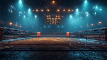 Empty boxing ring is well lit bright overhead lights large scoreboard visible above. Surrounding seats are unoccupied showcasing sleek and modern atmosphere in arena photo