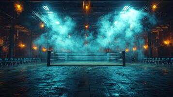empty boxing ring sits in foggy environment created smoke machine photo