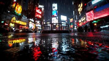empty outdoor boxing ring sits in city square surrounded tall buildings and puddles reflecting vibrant neon lights during rainy evening creating striking urban atmosphere photo