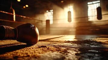 empty boxing ring sits in dimly lit gym illuminated sunlight streaming through dusty windows. Faint silhouettes of punching bags hang in background enhancing ambiance photo