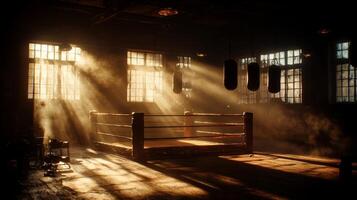 Dusty sunlight streams through windows into quiet gym revealing empty boxing ring. ropes and canvas are highlighted while faint silhouettes of punching bags hang in background photo