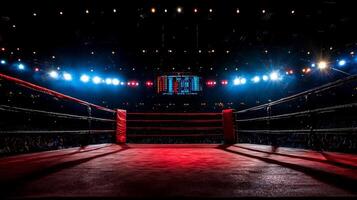 wide shot captures vacant boxing ring bathed in bright stadium lights highlighting sleek atmosphere empty audience and prominent scoreboard photo
