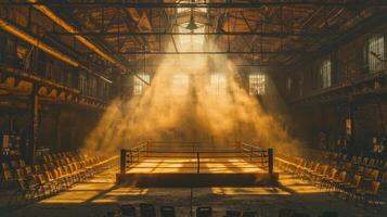empty boxing ring sits in dimly lit industrial space filled fog from smoke machine. Chairs are scattered around as single spotlight highlights ring creating dramatic atmosphere photo