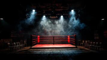 empty boxing ring sits in atmospheric setting enveloped in fog from smoke machine. Overhead lights highlight ring while scattered chairs add gritty ambiance photo