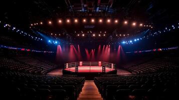 boxing ring stands empty illuminated overhead lights large scoreboard above and rows of unoccupied seats creating sleek and professional atmosphere photo