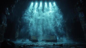 empty boxing ring stands in dimly lit space surrounded swirling fog from smoke machine. atmosphere is gritty scattered chairs adding mystery photo