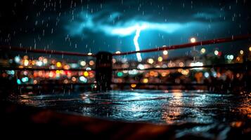 professional boxing ring stands relentless downpour puddles collecting around it. Dark clouds loom overhead while lightning illuminates stormy backdrop photo