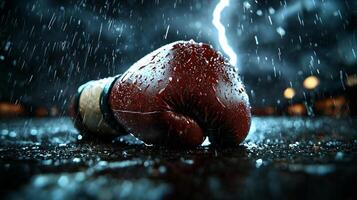 outdoor boxing ring stands surrounded puddles as heavy rain pours down. Dark clouds loom overhead dramatic lightning hitting atmosphere creating electrifying view photo