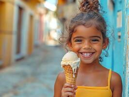 Hispanic toddler laughs while holding ice cream cone sunlight shining on their joyful face. Dripping ice cream creates playful moment in colorful street photo