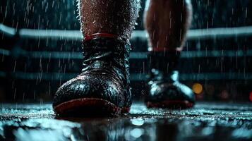 outdoor boxing ring faces fierce storm heavy rain pouring down. Puddles accumulate on ground as dark clouds and flash of lightning enhance intense atmosphere photo