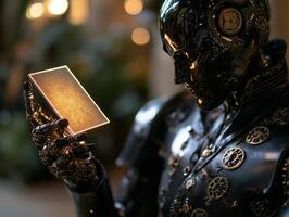 robot dressed in black tuxedo extends its metallic hand holding glowing holographic invitation medieval ball set against ornate stone wall and intricate gear details photo