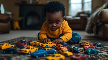 African American toddler plays intently variety of toy cars spread across patterned rug in well lit living room. atmosphere is warm and inviting photo