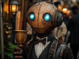 robot dressed in tuxedo stands medieval ball holding golden goblet. Its glowing blue eyes shine brightly against its intricate metallic face while candlelight creates warm ambiance photo
