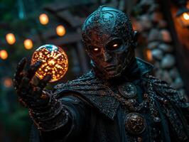 robot dressed in black tuxedo holds glowing holographic invitation showcasing intricate gears in its metallic hand photo