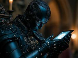 robot dressed in black tuxedo extends metallic hand holding glowing holographic invitation. Intricate gears are visible as it stands against richly decorated stone wall photo