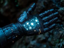 robot in black tuxedo extends its metallic hand holding glowing holographic invitation. intricate gears are visible set against ornate stone wall background photo