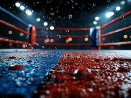 Detailed perspective of empty boxing ring featuring red and blue corner pads. Sweat and blood droplets are visible on canvas low ambient lighting setting dramatic tone photo