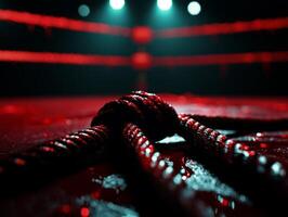 close up showcases bloodstains on canvas and ropes of empty boxing ring. Faint shadows of ring posts are illuminated soft overhead lighting photo
