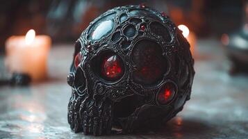 Dark gothic headphones feature black metal frames and baroque designs illuminated candlelight in mysterious room enhances their elegance and allure photo