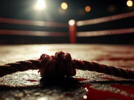 close up shot captures bloodstained boxing ring ropes and canvas highlighting intensity and drama of recent fight soft overhead lighting photo