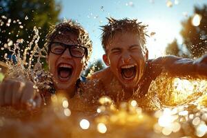 Two young Hispanic men joyfully jump into swimming pool creating magnificent splash while laughing together in bright midday sun. Their happiness radiates in lively moment photo