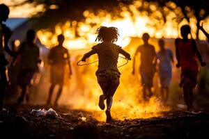 young girl jumps rope energetically along dirt path while friends enthusiastically cheer her on against bright midday sun creating lively atmosphere filled excitement photo