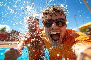 Two young Hispanic men leap into swimming pool creating splash. They are full of laughter and joy enjoying sunny day water together photo