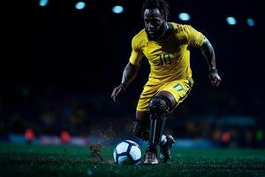 professional soccer player in yellow jersey executes powerful mid kick running blade prosthetic kicking up dirt on field while stadium lights shine bright photo