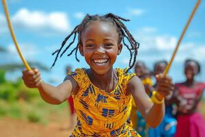 young girl joyfully jumps rope on dirt path bright midday sun. Friends cheer her on creating lively and energetic atmosphere filled happiness and laughter photo