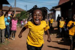 enthusiastic African girl jumps rope on dirt path surrounded cheering friends in bright midday sunlight creating lively and joyful atmosphere of play and friendship photo